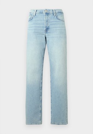 Lyseblå denimjeans med et lige ben-design, der har knaplukning, bæltestropper og falmede detaljer på stoffet.