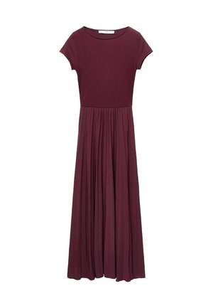 Maroon maxi dress with short sleeves, round neckline, and a fitted bodice that transitions to a pleated skirt. Smooth fabric texture.