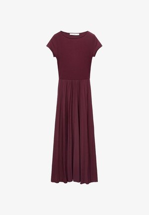 Maroon maxi dress with short sleeves, round neckline, and a fitted bodice that transitions to a pleated skirt. Smooth fabric texture.