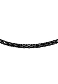 Collana in catena nera con maglie piatte e intrecciate, caratterizzata da una superficie liscia e una finitura lucida, disposta in un anello continuo.