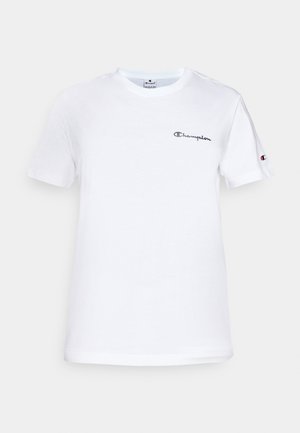 White cotton t-shirt with a crew neckline, short sleeves, and a black embroidered "Champion" logo on the chest and sleeve accent.