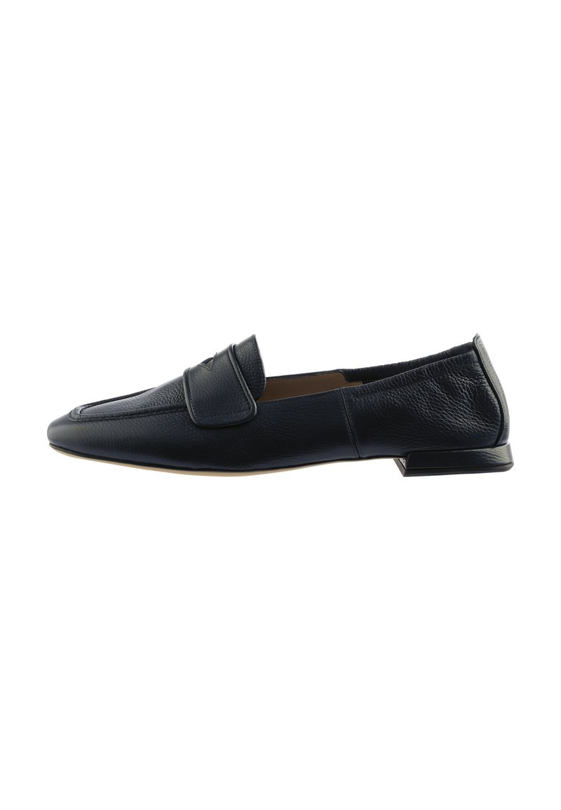 Black leather loafers featuring a smooth texture, rounded toe, low block heel, and a decorative strap across the top.