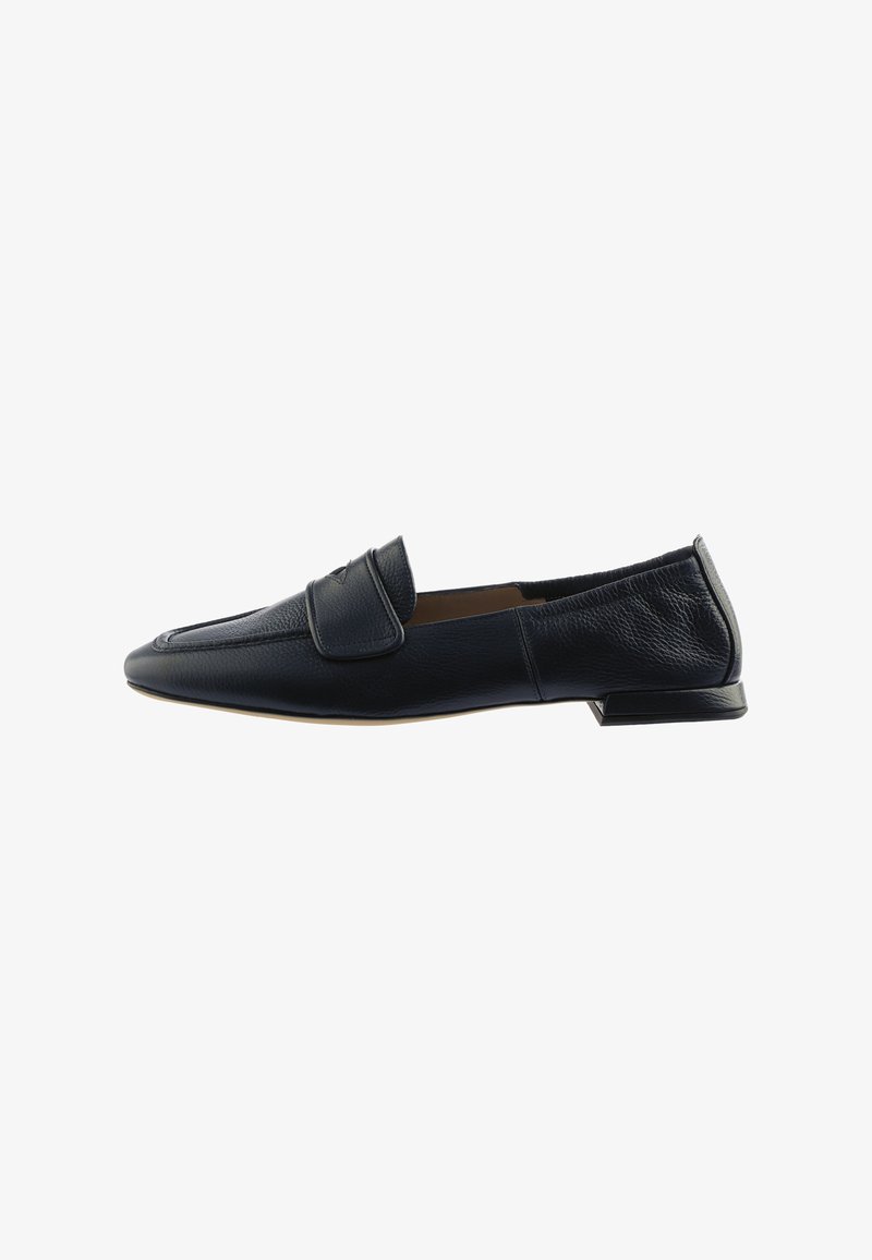 Black leather loafers featuring a smooth texture, rounded toe, low block heel, and a decorative strap across the top.
