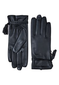 Black leather gloves featuring a smooth texture, gathered wrist detail, and leather ties. The design includes three finger sections.