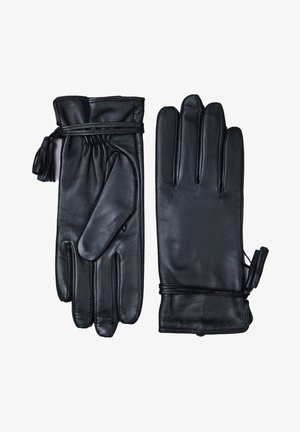 Black leather gloves featuring a smooth texture, gathered wrist detail, and leather ties. The design includes three finger sections.