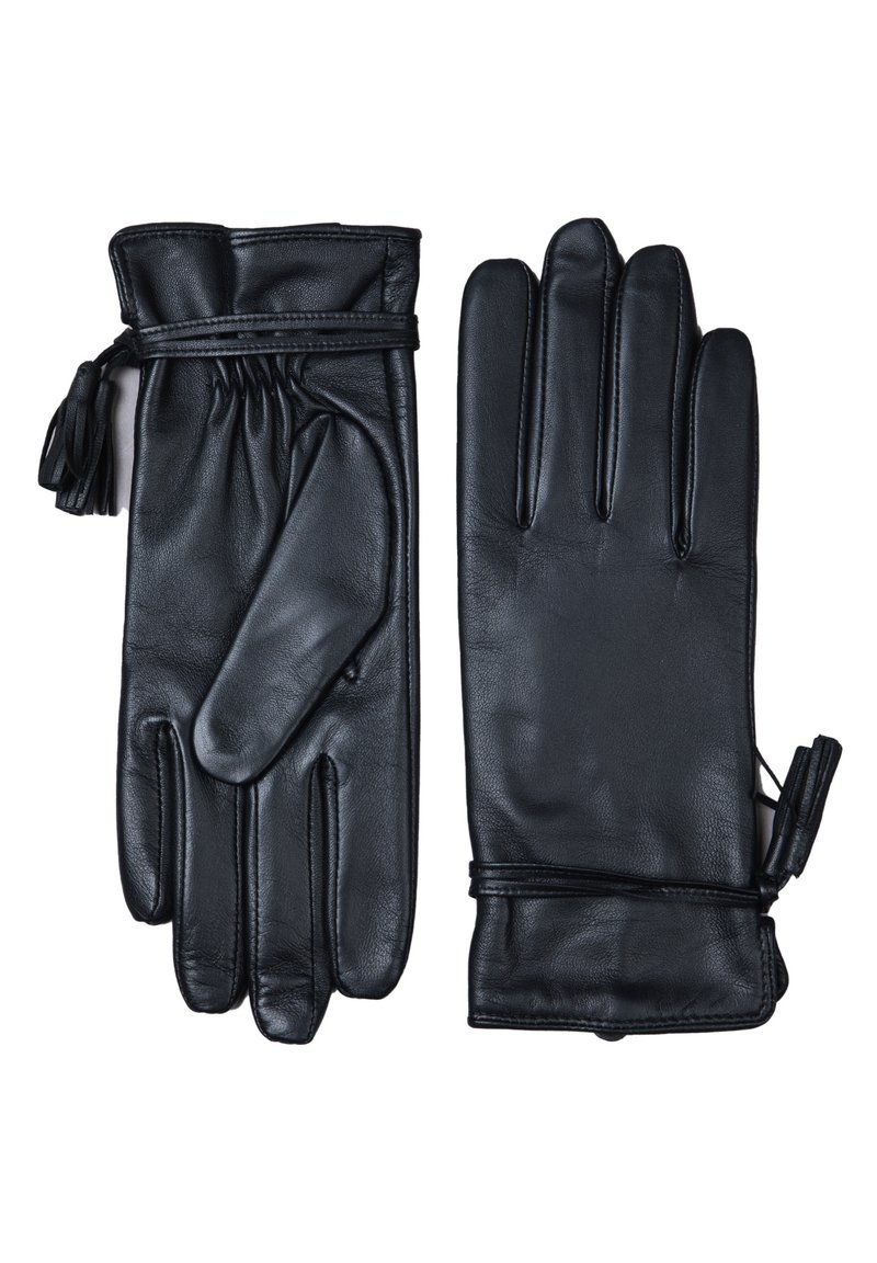 Black leather gloves featuring a smooth texture, gathered wrist detail, and leather ties. The design includes three finger sections.
