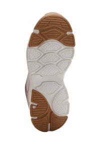 Spona topánky s textúrovanou bielou strednou podrážkou a hnedou gumovou podrážkou, navrhnutá s vzorovými drážkami pre trakciu a flexibilitu.