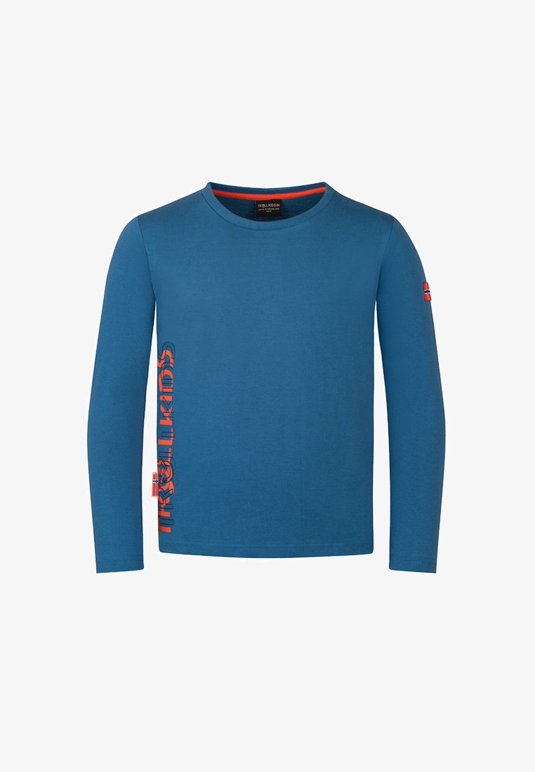 Long-sleeve blue shirt made of cotton, featuring a round neck, red accents, and a printed logo design on the side.