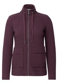 Burgundy zip-up jacket with a high collar, two front pockets, drawstring at neck, and ribbed texture. Features silver-tone hardware.