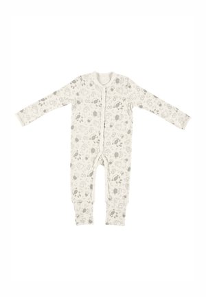 Langärmliger Baby-Overall in Creme mit grauen Tiermustern; verfügt über einen durchgehenden Reißverschluss vorne, enge Bündchen und Fußdesign für zusätzliche Wärme.
