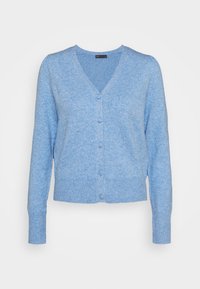 Cardigan azzurro chiaro lavorato a maglia con scollo a V, maniche lunghe, polsini e vita a coste, dotato di sei bottoni abbinati lungo la parte anteriore.