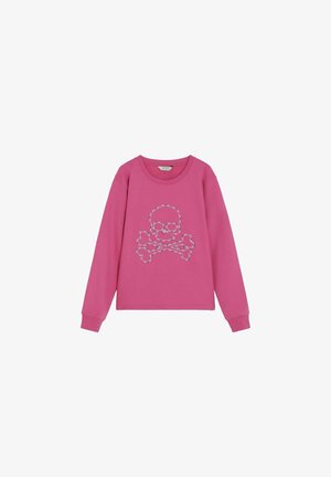 Sudadera rosa de manga larga con cuello redondo y un diseño de calavera y huesos cruzados en blanco cosido en la parte delantera.