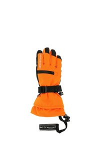Orange waterproof gloves with black accents, adjustable strap, and a fleece lining for warmth. Features articulated fingers and brand logo.