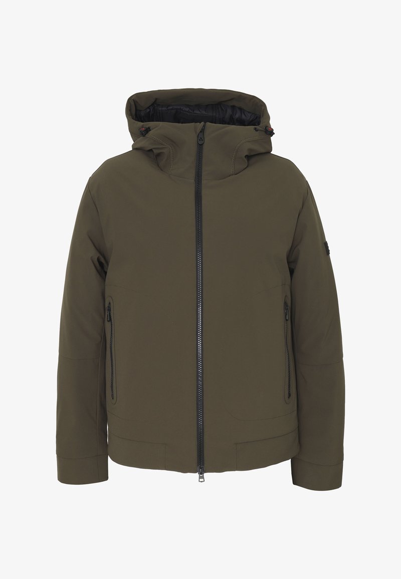 Giacca impermeabile verde oliva con cappuccio, chiusura con zip anteriore, tasche laterali e texture liscia. Design semplice con dettagli hardware minimi.