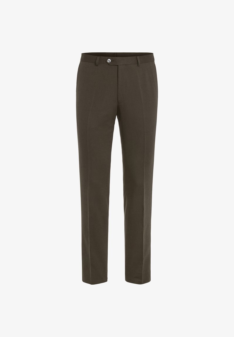 Pantaloni marroni su misura con davanti piatto, gamba dritta e una piega frontale singola. Presentano una chiusura frontale con bottone e passanti per cintura.