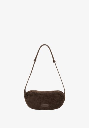 Brown faux fur shoulder bag with a smooth leather strap, featuring a rounded shape and a rectangular label on the front.