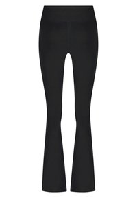 Mustat levenevät legginsit, jotka on valmistettu joustavasta kankaasta; sisältää korkean vyötärön ja sileän pinnan. Yksinkertainen malli, ilman kuvioita tai korostuksia.