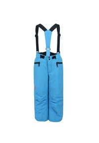 Pantaloni da neve blu con spalline nere regolabili, tasche con zip e un design imbottito per isolamento e comfort, con un tessuto texture.