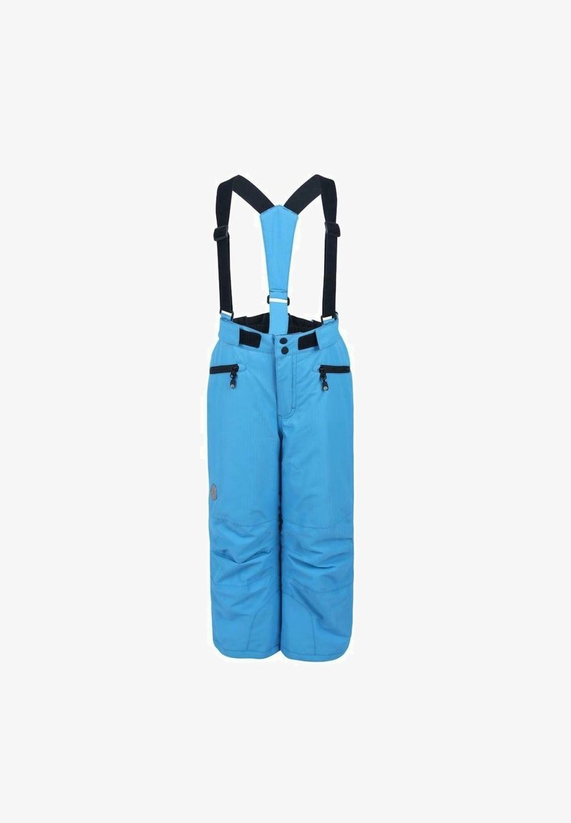 Blue snow pants with adjustable black straps, zippered pockets, and a padded design for insulation and comfort, featuring a textured fabric.