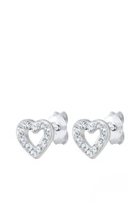 Boucles d'oreilles en argent en forme de cœur avec un centre creux, entourées de petites pierres transparentes, dotées d'un design à fermoir standard.
