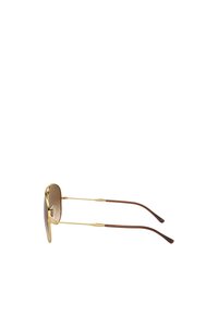  occhiali da sole in metallo dorato con lenti marroni, caratterizzati da una montatura sottile, una barra sopracciliare dritta e punte delle tempie in acetato marrone.