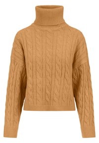 Pull à col roulé en tricot torsadé couleur chameau, manches longues, poignets et ourlet côtelés.