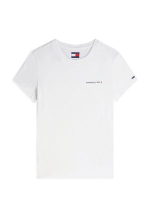 Witte T-shirt met korte mouwen en een ronde hals, met de tekst "tommy jeans" en een kleine rode ster op de linkerborst en een klein vlaglogo op de linkermouw.