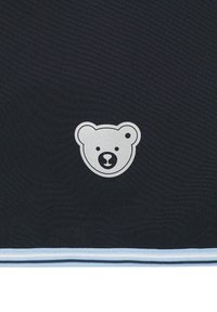 Zwarte stof achtergrond met een zilveren berenkoplogo met ronde randen en een klein oogdetail. Blauwe en witte gestreepte accenten aan de onderkant.