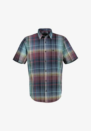 Kurzärmliges, kariertes Hemd in Blau-, Grün-, Rot- und Gelbtönen. Verfügt über einen Button-Down-Kragen und eine Brusttasche mit subtiler Logoprägung.