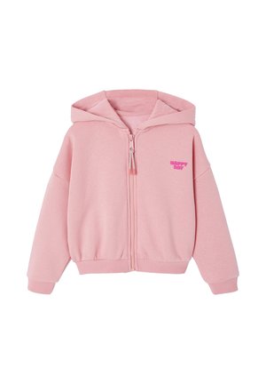 Light pink zip-up hoodie made of soft fabric. Features a drawstring hood and a front pocket. "HAPPY DAY" printed in bold pink on the chest.