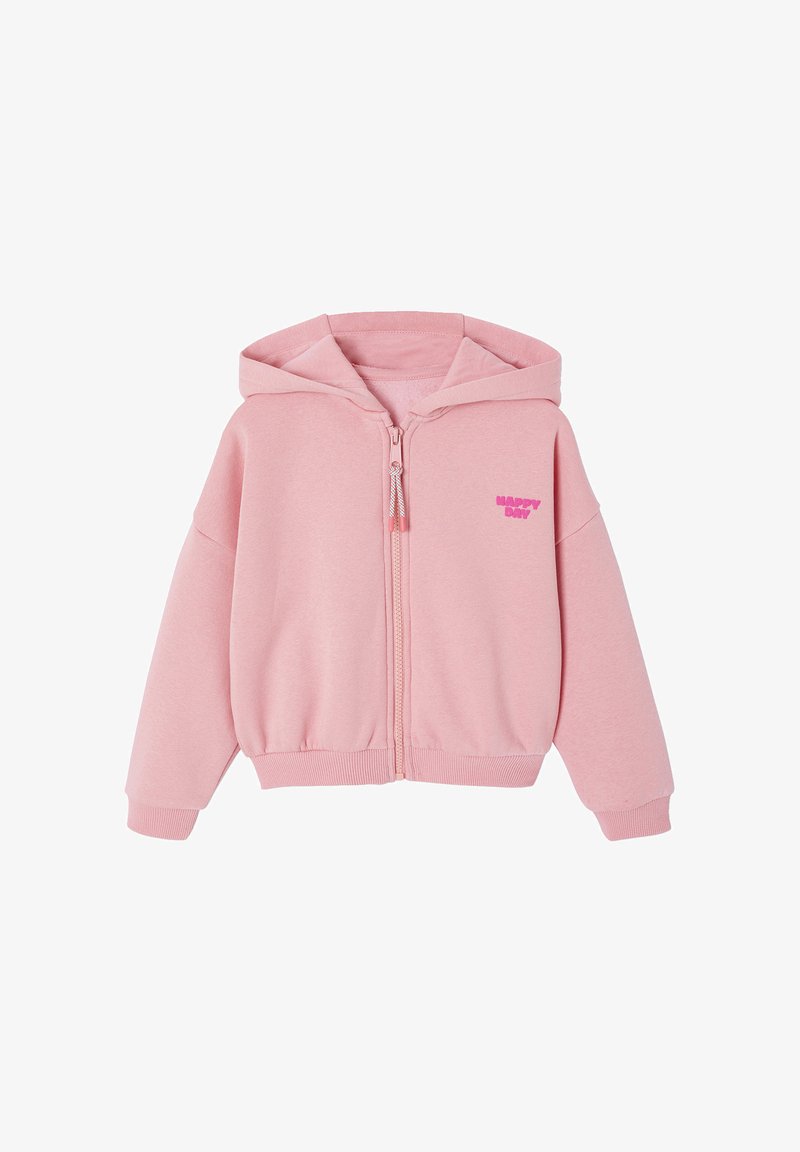 Light pink zip-up hoodie made of soft fabric. Features a drawstring hood and a front pocket. "HAPPY DAY" printed in bold pink on the chest.
