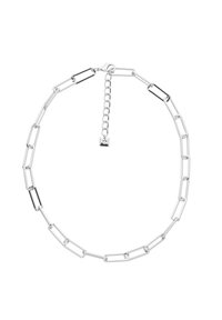 Collana in argento con catena caratterizzata da anelli rettangolari allungati, alternati a anelli più corti, e una piccola catena di estensione per la regolazione.