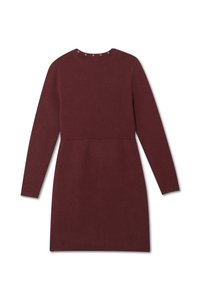 Bordowa sukienka z długim rękawem, dopasowaną talią, rozkloszowanym dołem oraz ozdobnymi guzikami przy dekolcie. Miękka tkanina o gładkiej fakturze.