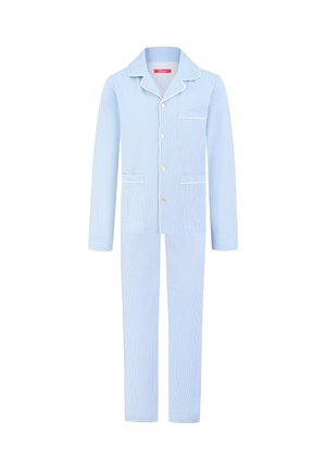 Light blue striped pajama set made of cotton, featuring a button-down top with a collar, chest pocket, and matching trousers.