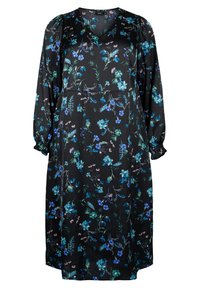Black floral dress with long sleeves, featuring a V-neckline. The fabric has blue and green flower patterns, with gathered detail at the cuffs.