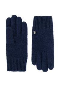 Marineblaue Wollhandschuhe mit geripptem Bündchen. Mit einem runden, metallischen Knopfdetail an einem Handschuh. Weiche Textur, taillierte Passform.