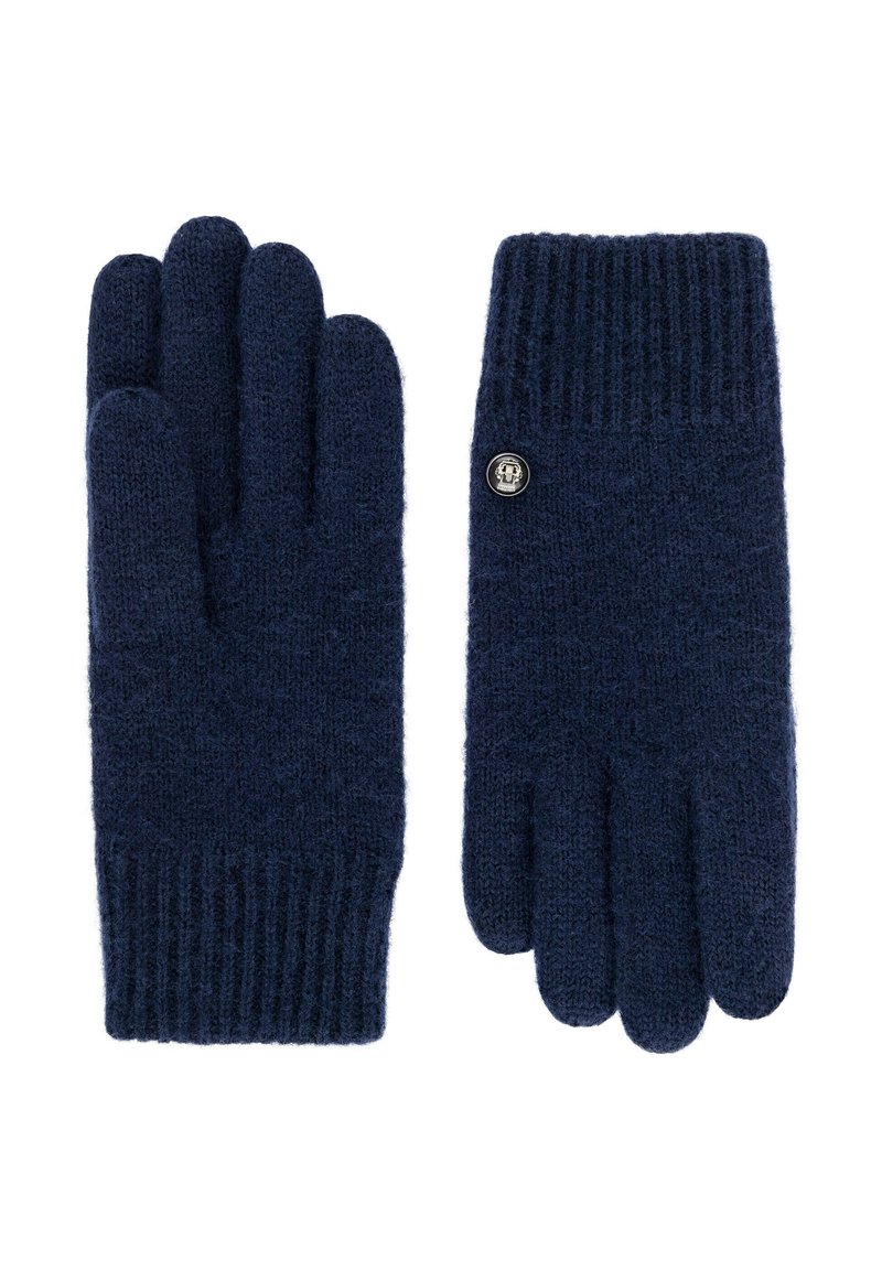 Marineblaue Wollhandschuhe mit geripptem Bündchen. Mit einem runden, metallischen Knopfdetail an einem Handschuh. Weiche Textur, taillierte Passform.