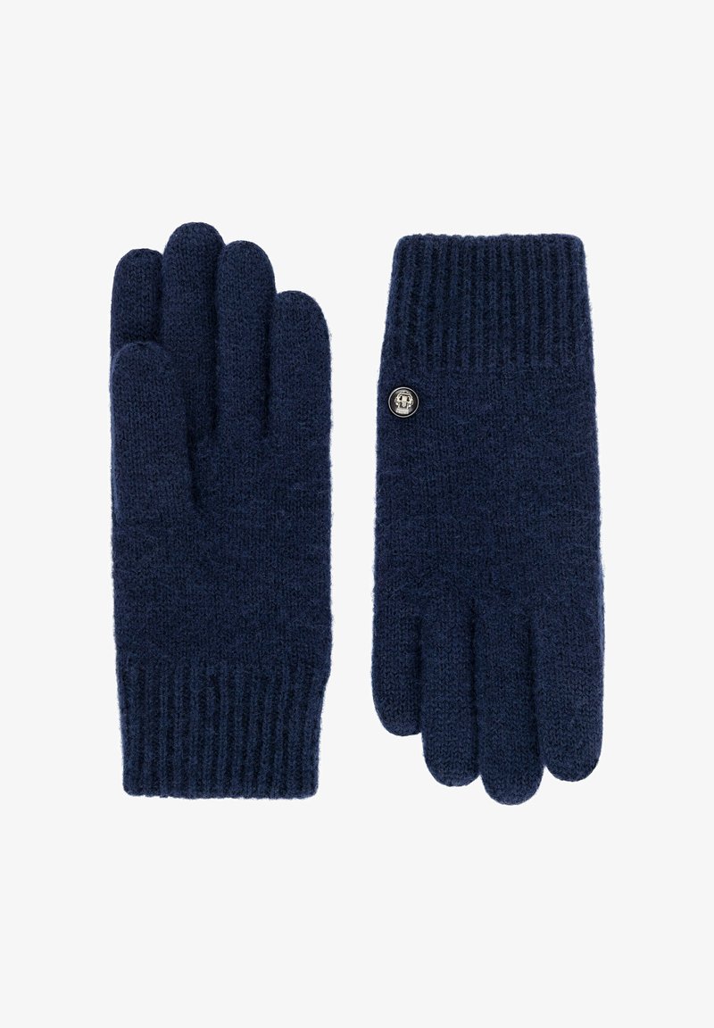 Marineblaue Wollhandschuhe mit geripptem Bündchen. Mit einem runden, metallischen Knopfdetail an einem Handschuh. Weiche Textur, taillierte Passform.