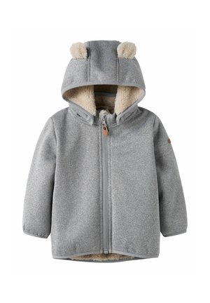 Veste zippée pour enfants gris clair avec capuche, comportant deux petites oreilles duveteuses et une doublure intérieure douce couleur crème.