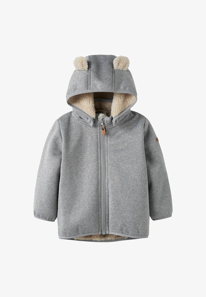 Veste zippée pour enfants gris clair avec capuche, comportant deux petites oreilles duveteuses et une doublure intérieure douce couleur crème.