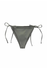 Ribbade gröna bikiniunderdelar med snörning i sidan. Har en låg midja och en slät textur, lämplig för badkläder.