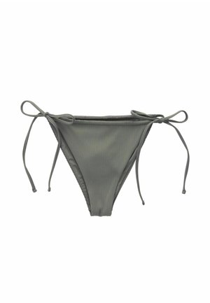 Ribbade gröna bikiniunderdelar med snörning i sidan. Har en låg midja och en slät textur, lämplig för badkläder.