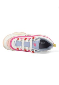 FILA sneaker featuring a white upper, pink accents, blue mesh, and a chunky sole. Notable details include contrasting laces and logo.