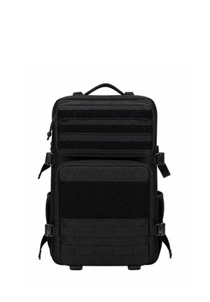 Zaino tattico nero con molteplici scomparti con cerniera, fibbie laterali, maniglia sulla parte superiore e webbing MOLLE sui pannelli anteriori.