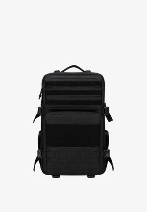 Schwarzer taktischer Rucksack mit mehreren Reißverschlussfächern, seitlichen Schnallen, Griff oben und MOLLE-Bändern an den Vorderseiten.