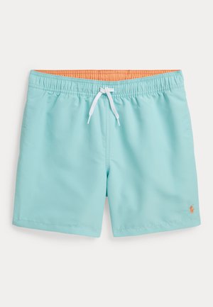 Jasnoniebieskie spodenki kąpielowe z elastycznym pasem, białym sznurkiem, pomarańczową podszewką oraz małym pomarańczowym logo na dolnej prawej nogawce.