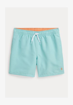 Šviesiai mėlynos spalvos maudymosi šortai su elastine juosmens juosta, balta raišteliu, oranžine vidine pamušalu ir mažuoju oranžiniu logotipu apatiniame dešiniajame šlaunies krašte.