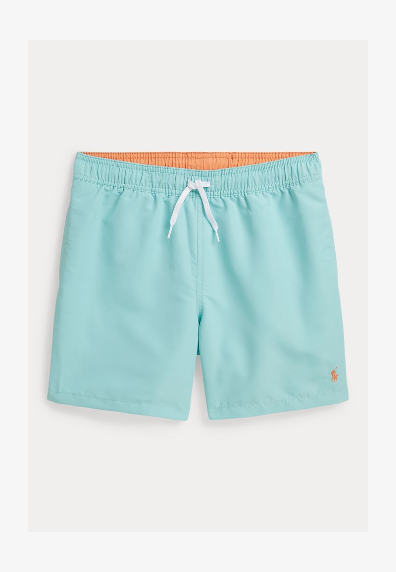 Bañador azul claro con cintura elástica, cordón blanco, forro interior naranja y pequeño logo naranja en la parte inferior derecha de la pierna.