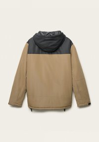 Kurtka z kapturem w czarnej górnej części i beżowym dole. Posiada gładką fakturę oraz elastyczny dół z regulowanymi sznurkami.