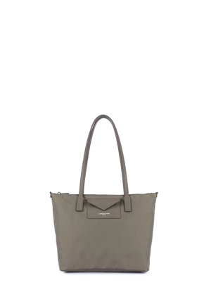 Sac cabas taupe avec deux bretelles et une petite poche avant étiquetée Lancaster Paris, présenté sur fond blanc.